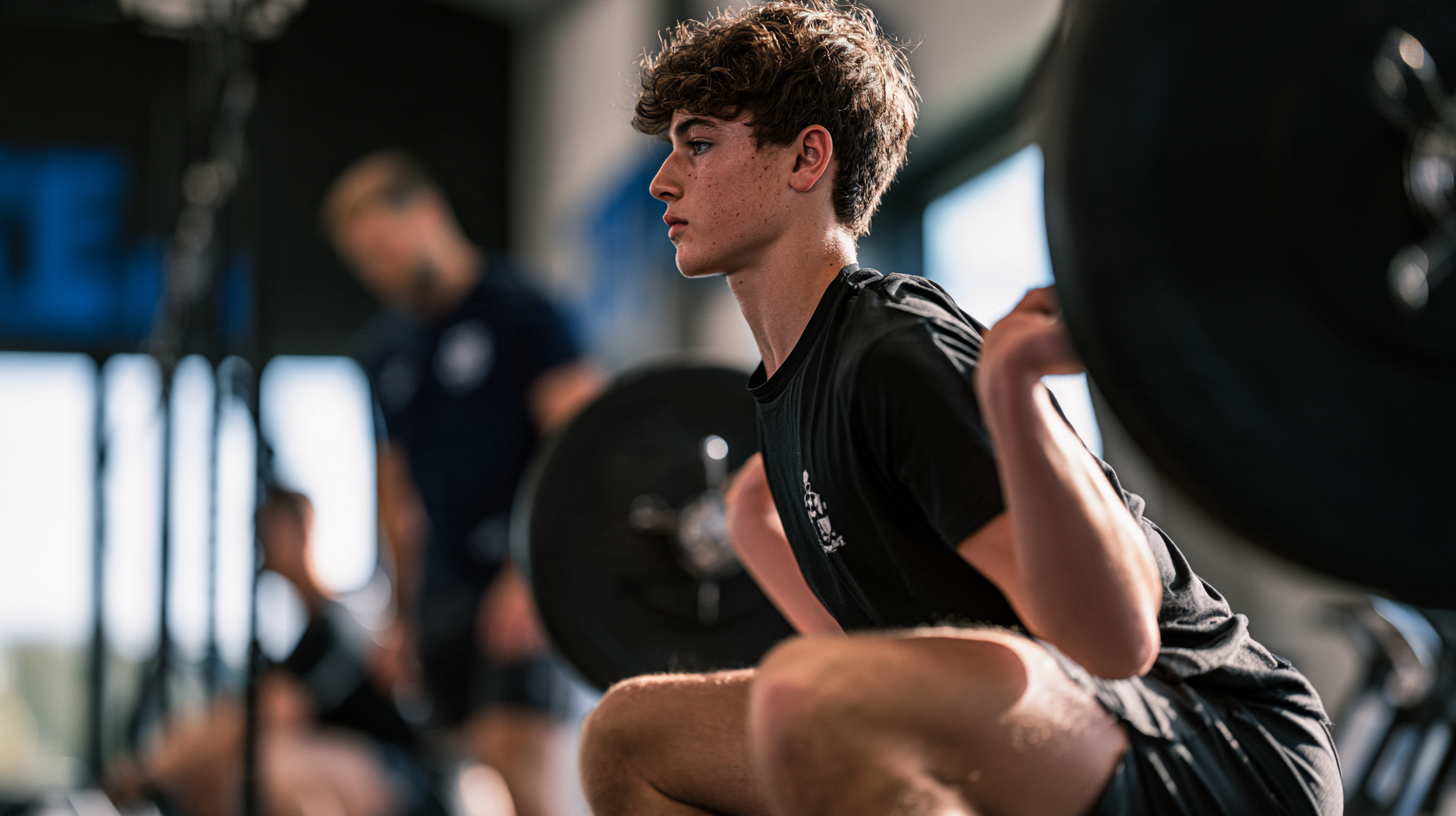 Teenage boy squatting in a gym while a coach watches