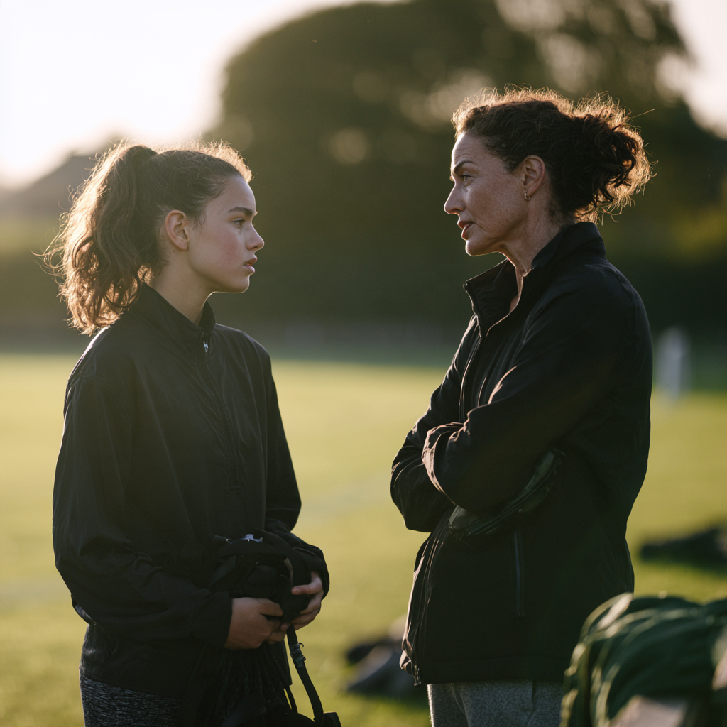 Mother talking with her teenage daughter beside a sports field