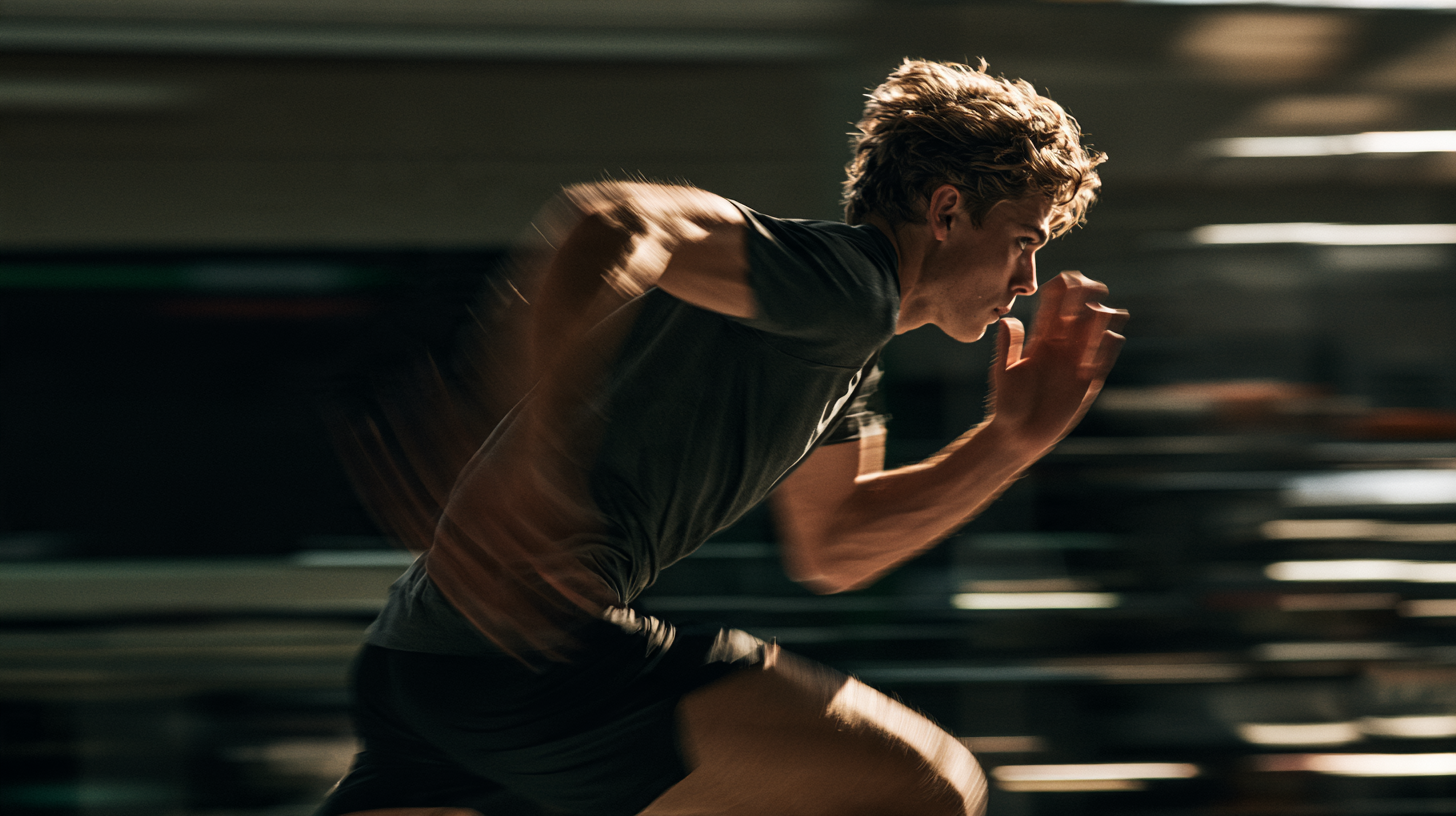 Teenage athlete sprinting indoors, captured with motion blur
