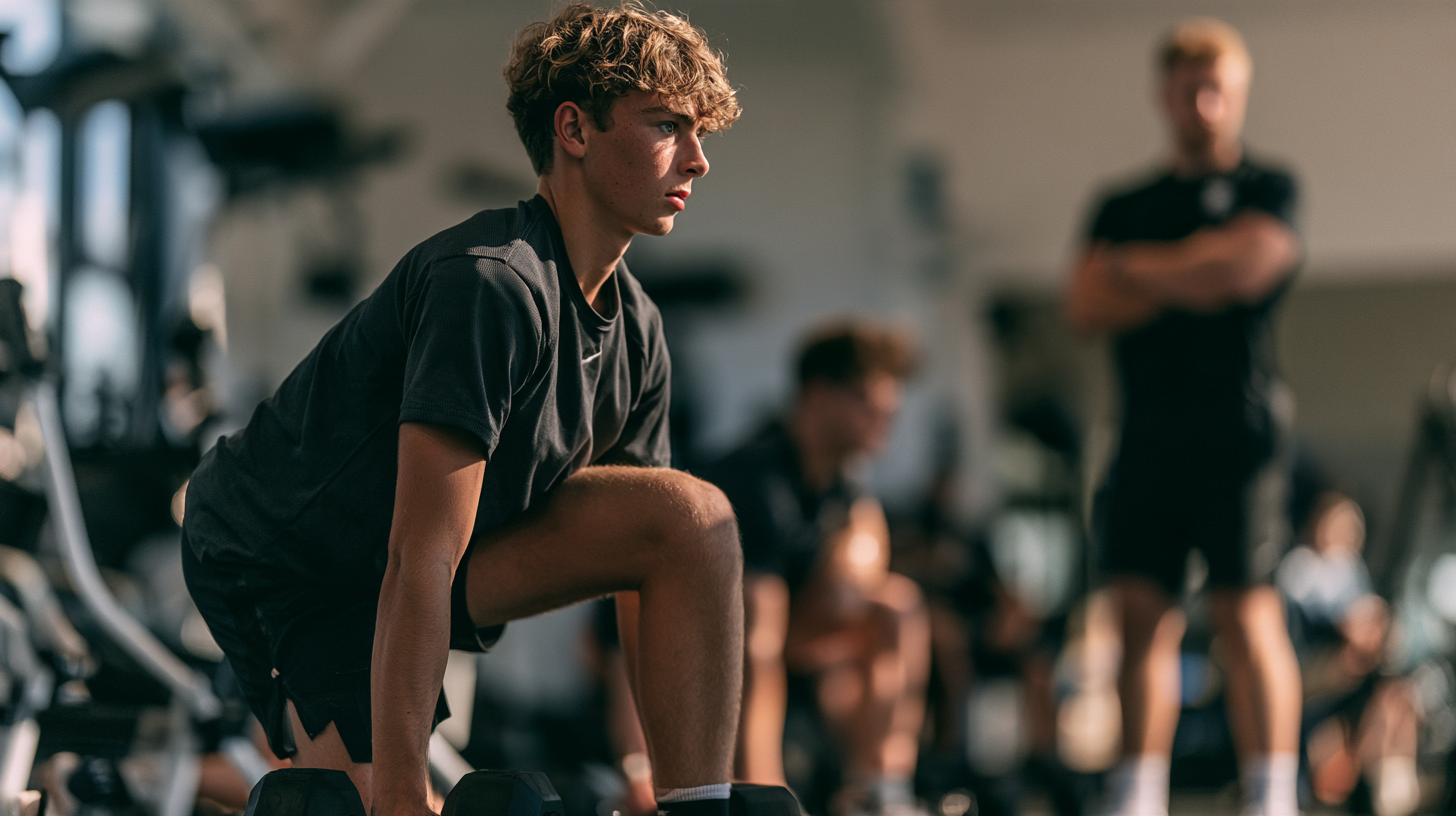 Teenage boy performing a dumbbell split squat under supervision